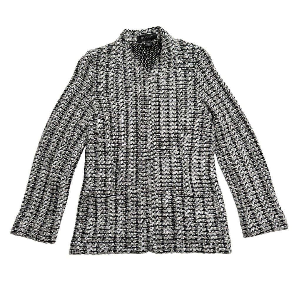 St. John Textured Knit Wool Blend Boucle Black & White Full Zip Blazer Jacket 4